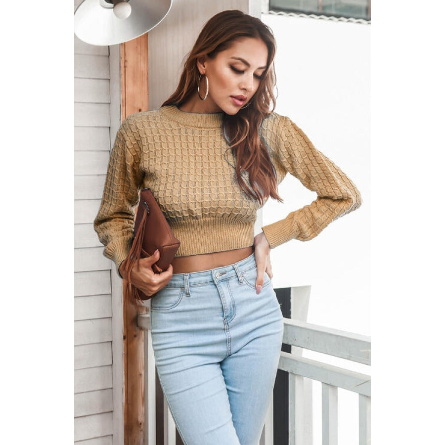 Round Neck Long Sleeve Cropped Sweater Women’s Fashion Clothing