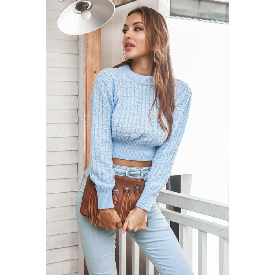 Round Neck Long Sleeve Cropped Sweater Women’s Fashion Clothing