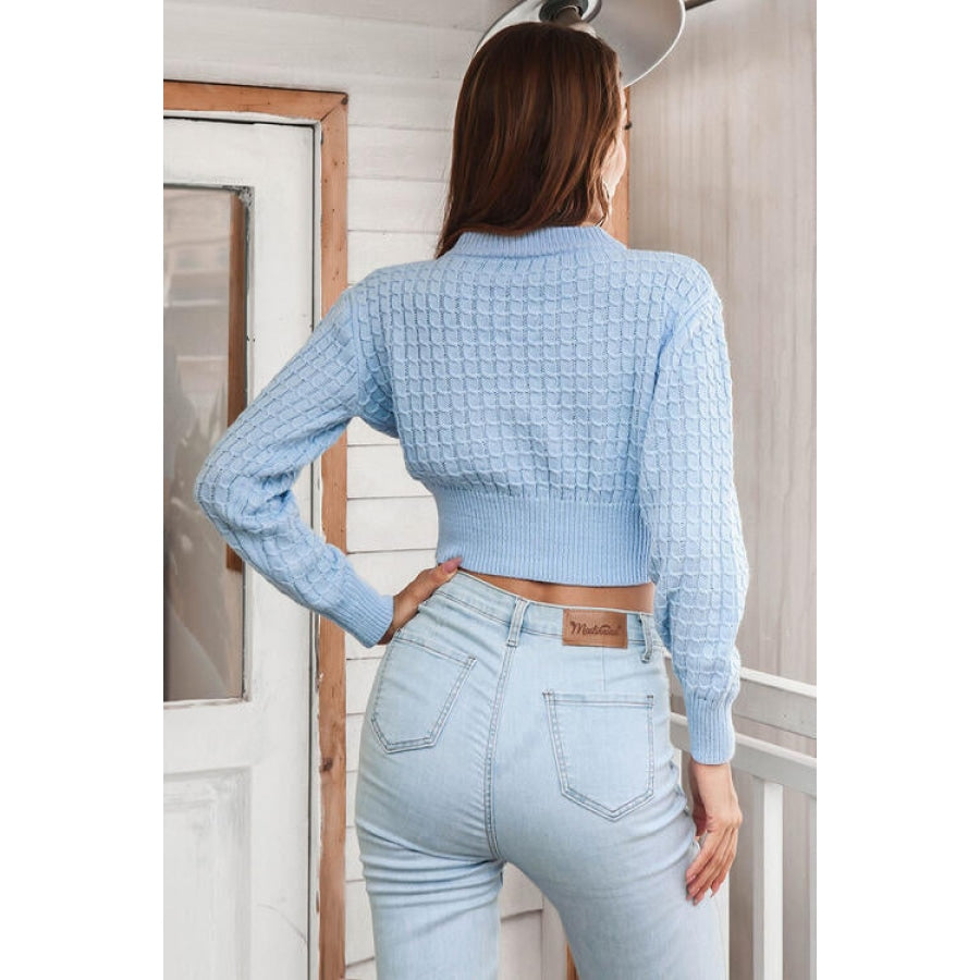 Round Neck Long Sleeve Cropped Sweater Misty Blue / S Women’s Fashion Clothing