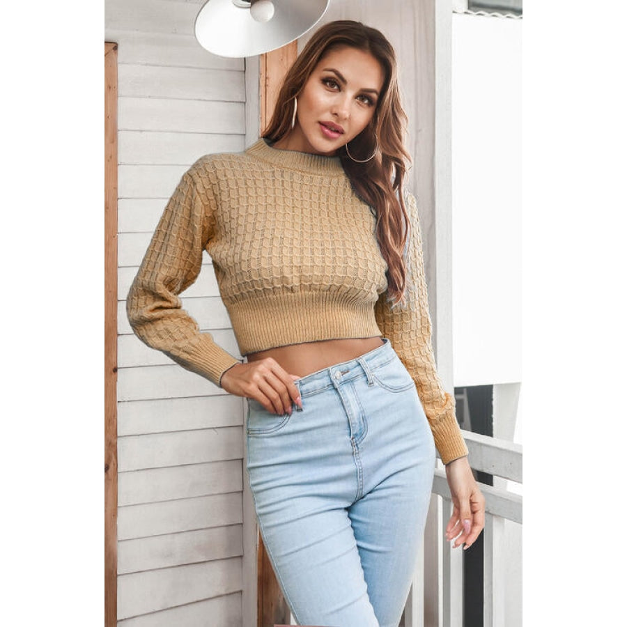 Round Neck Long Sleeve Cropped Sweater Women’s Fashion Clothing