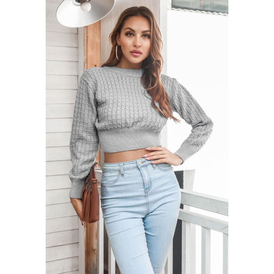 Round Neck Long Sleeve Cropped Sweater Women’s Fashion Clothing