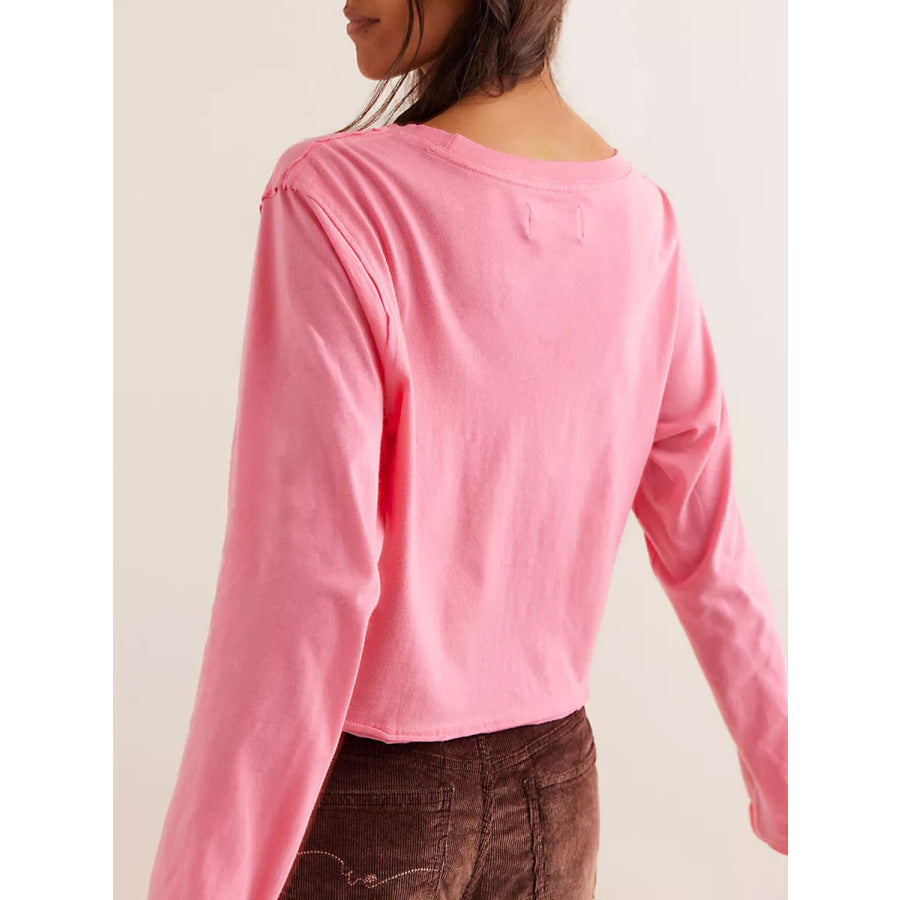 Round Neck Long Sleeve Cropped T-Shirt Pink / S Apparel and Accessories