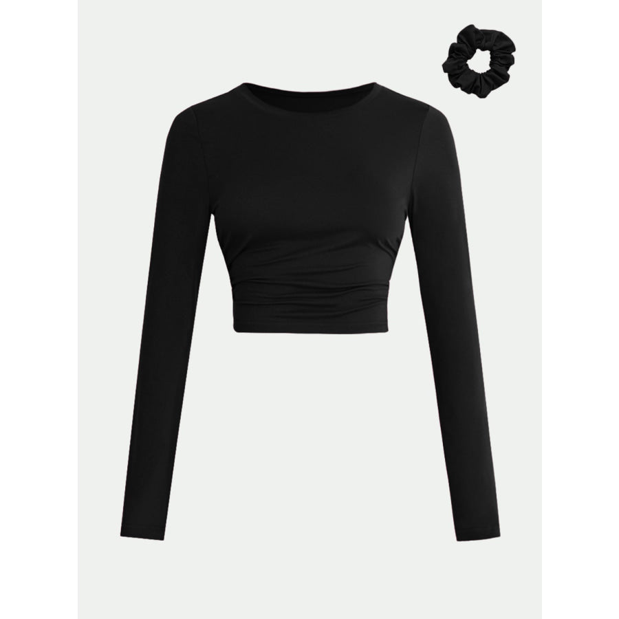 Round Neck Long Sleeve Cropped T-Shirt Black / S Apparel and Accessories