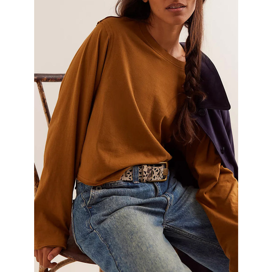 Round Neck Long Sleeve Cropped T-Shirt Caramel / S Apparel and Accessories