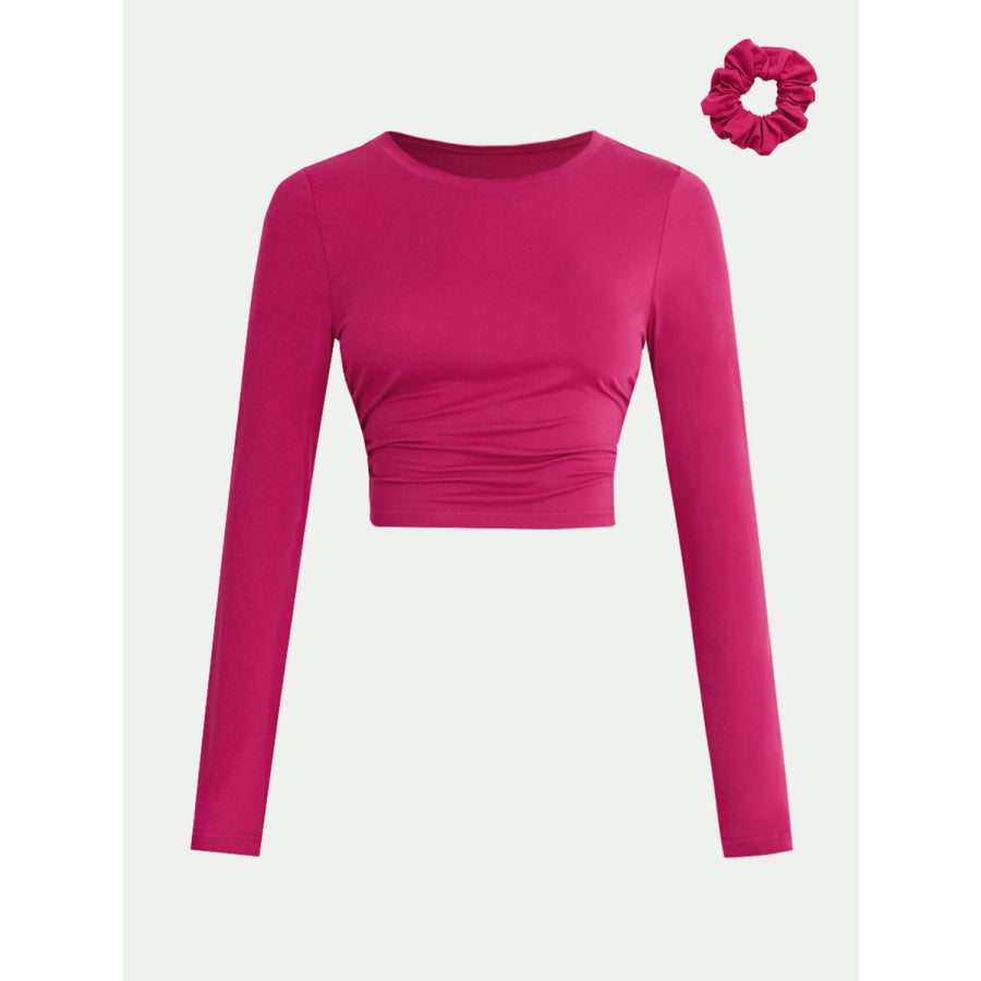 Round Neck Long Sleeve Cropped T-Shirt Cerise / S Apparel and Accessories