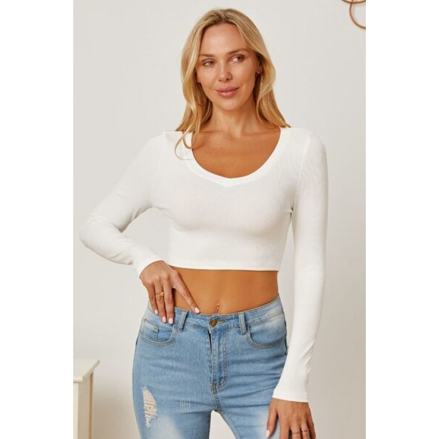 Round Neck Long Sleeve Cropped T-Shirt White / S Clothing