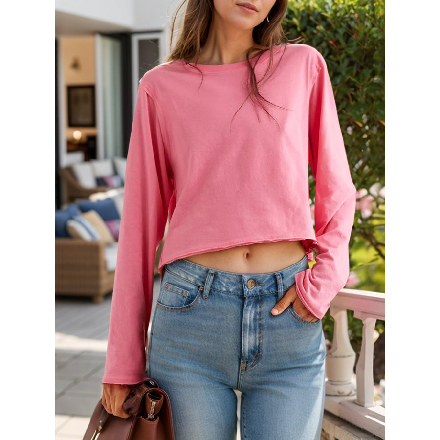 Round Neck Long Sleeve Cropped T-Shirt Pink / S Apparel and Accessories