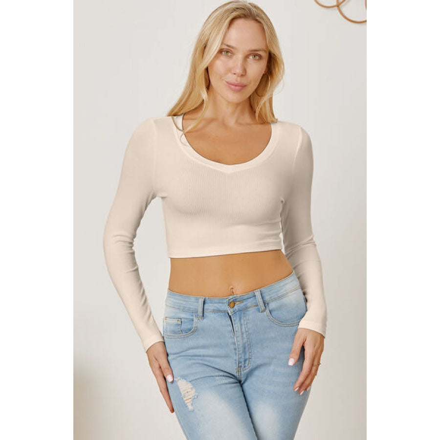 Round Neck Long Sleeve Cropped T-Shirt Sand / S Clothing