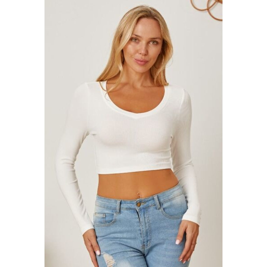 Round Neck Long Sleeve Cropped T-Shirt White / S Clothing