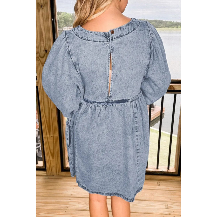 Round Neck Long Sleeve Denim Dress Apparel and Accessories