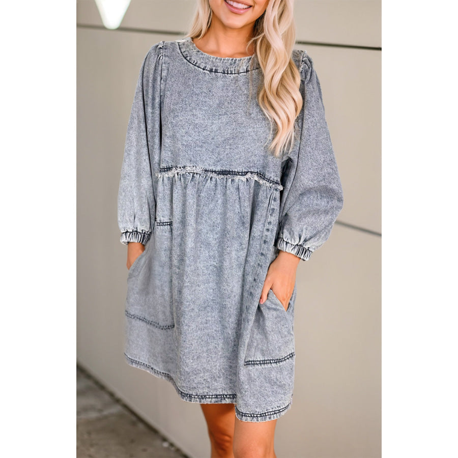 Round Neck Long Sleeve Denim Dress Gray / S Apparel and Accessories