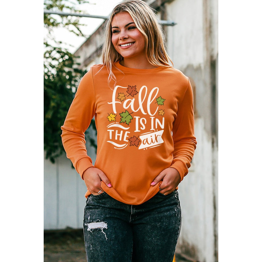 Round Neck Long Sleeve FALL IS IN THE AIR Graphic Sweatshirt Pumpkin / S