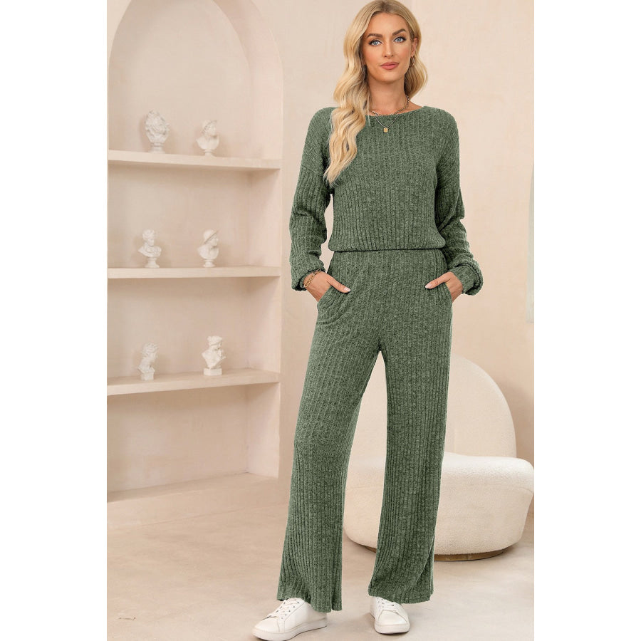 Round Neck Long Sleeve Jumpsuit Sage / S Apparel and Accessories