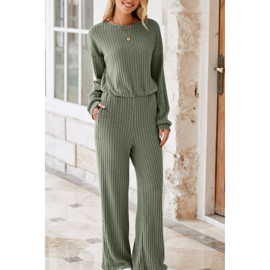 Round Neck Long Sleeve Jumpsuit Sage / S Apparel and Accessories