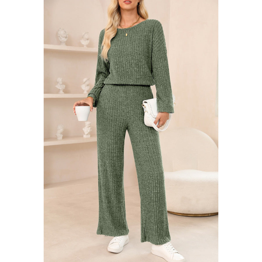 Round Neck Long Sleeve Jumpsuit Sage / S Apparel and Accessories