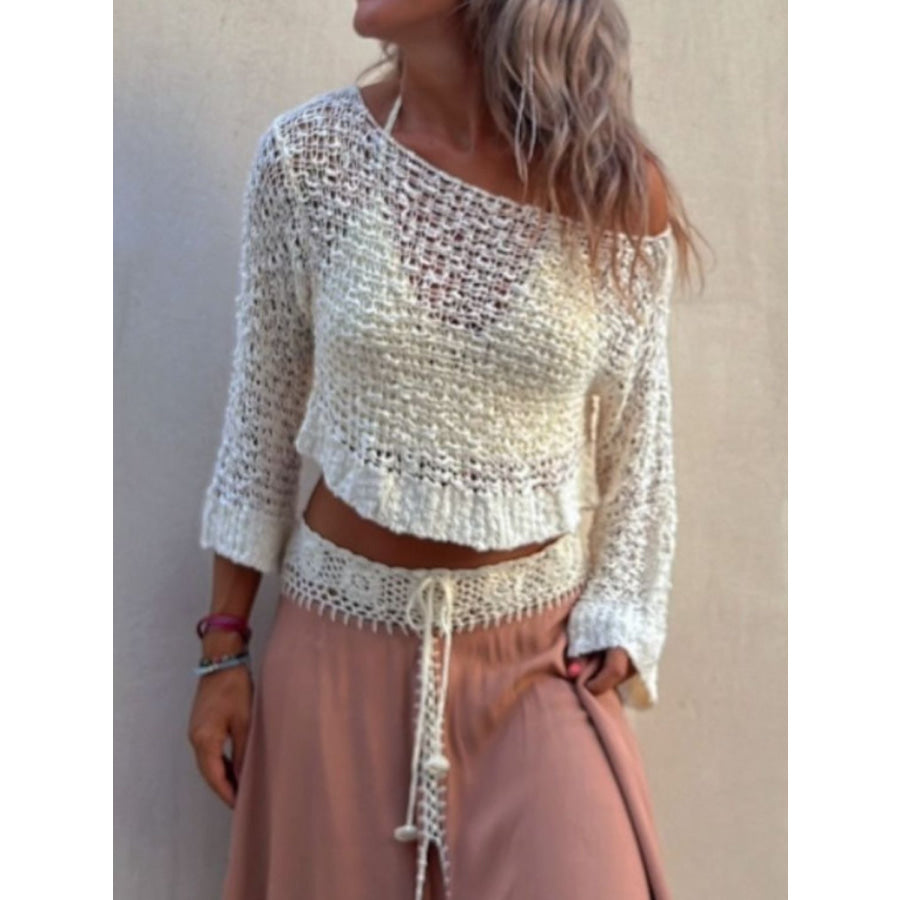 Round Neck Long Sleeve Knit Cover Up Beige / S Apparel and Accessories