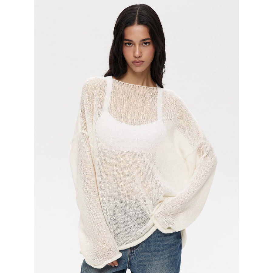 Round Neck Long Sleeve Knit Cover Up Cream / S Apparel and Accessories