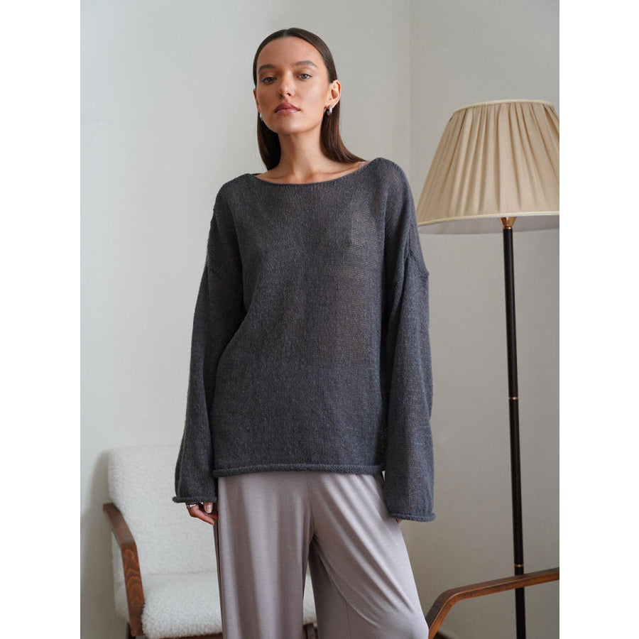 Round Neck Long Sleeve Knit Cover Up Dark Gray / S Apparel and Accessories