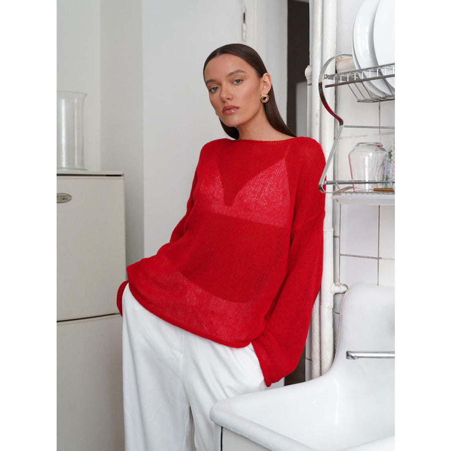 Round Neck Long Sleeve Knit Cover Up Scarlet / S Apparel and Accessories