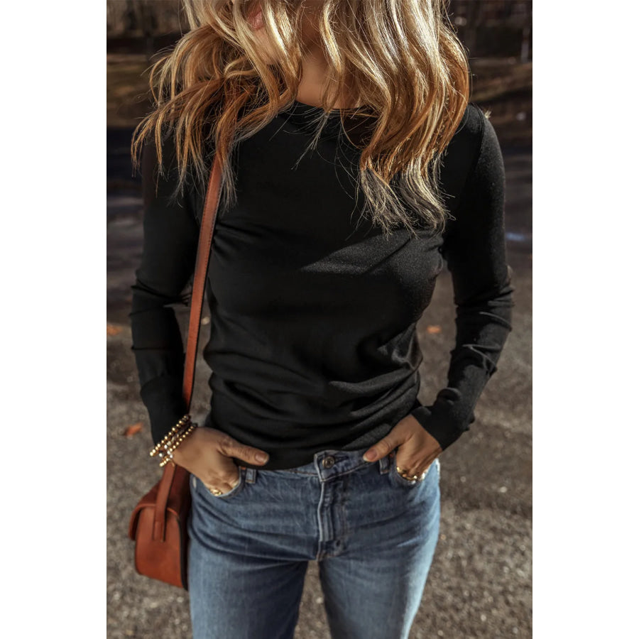 Round Neck Long Sleeve Knit Top Black / S Apparel and Accessories