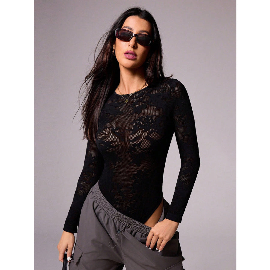 Round Neck Long Sleeve Lace Bodysuit Black / S Apparel and Accessories