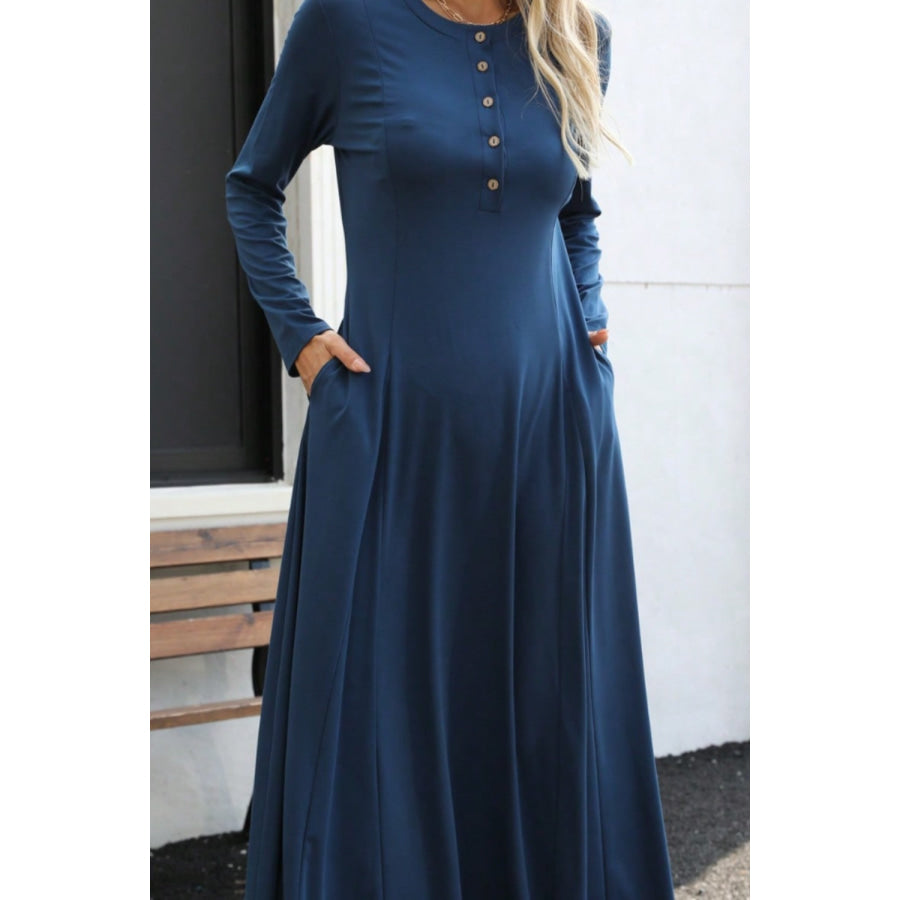 Round Neck Long Sleeve Maxi Dress with Pockets Apparel and Accessories