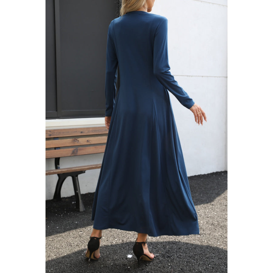 Round Neck Long Sleeve Maxi Dress with Pockets Apparel and Accessories