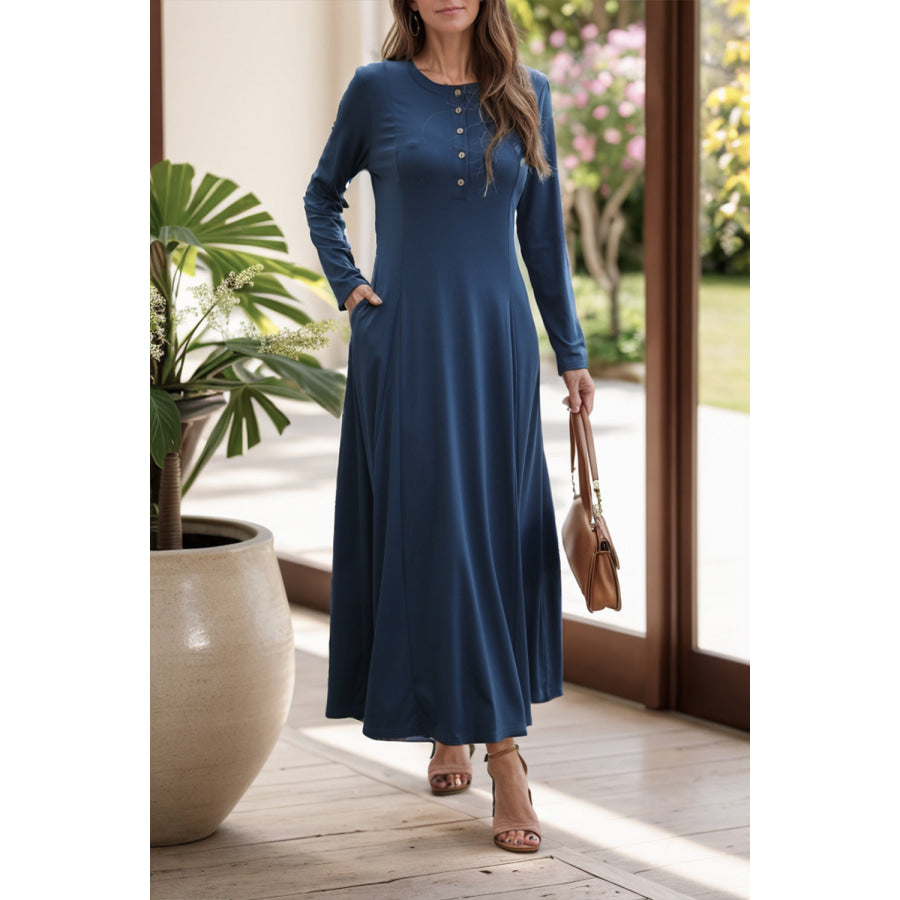 Round Neck Long Sleeve Maxi Dress with Pockets Navy / S Apparel and Accessories