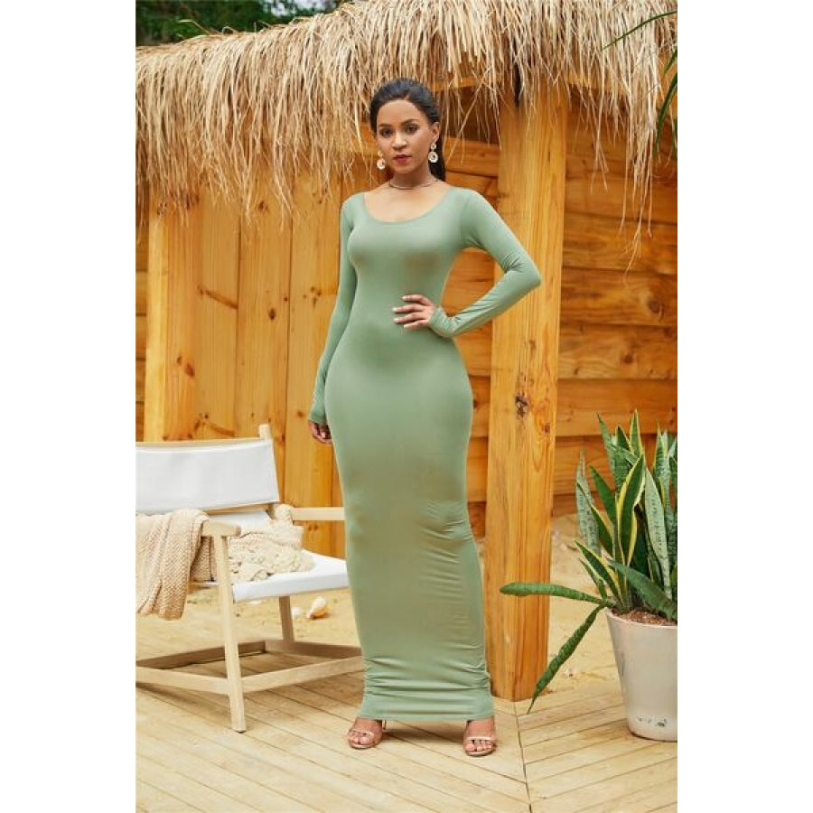 Round Neck Long Sleeve Maxi Wrap Dress Sage / S Clothing