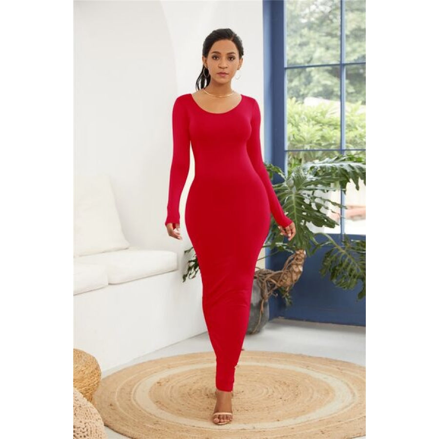 Round Neck Long Sleeve Maxi Wrap Dress Scarlet / S Clothing