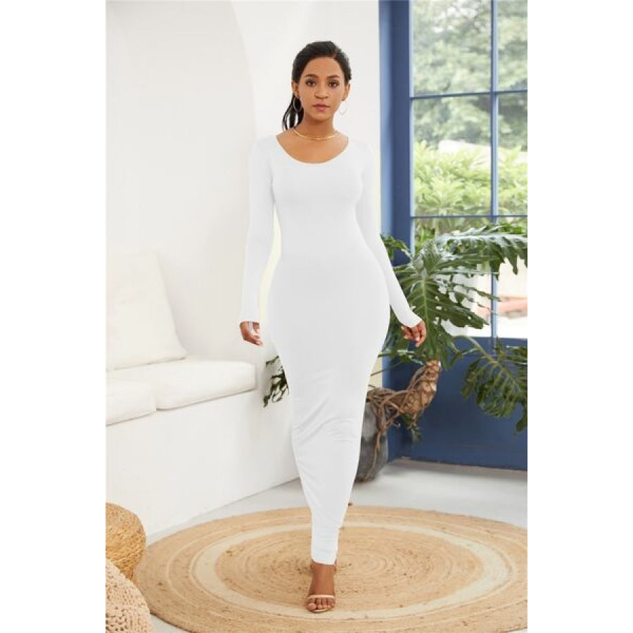 Round Neck Long Sleeve Maxi Wrap Dress White / S Clothing