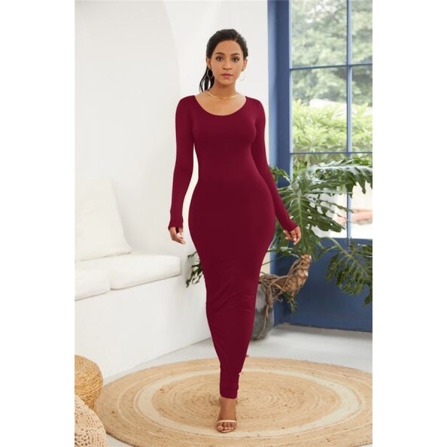 Round Neck Long Sleeve Maxi Wrap Dress Wine / S Clothing