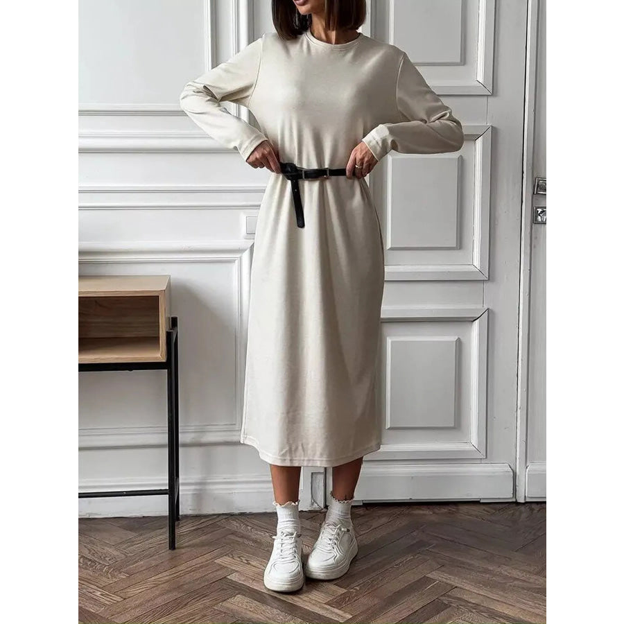 Round Neck Long-Sleeve Midi Dress Apparel and Accessories