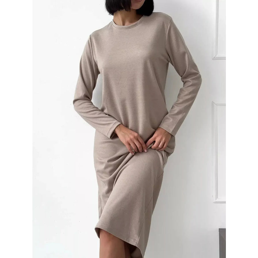 Round Neck Long-Sleeve Midi Dress Apparel and Accessories