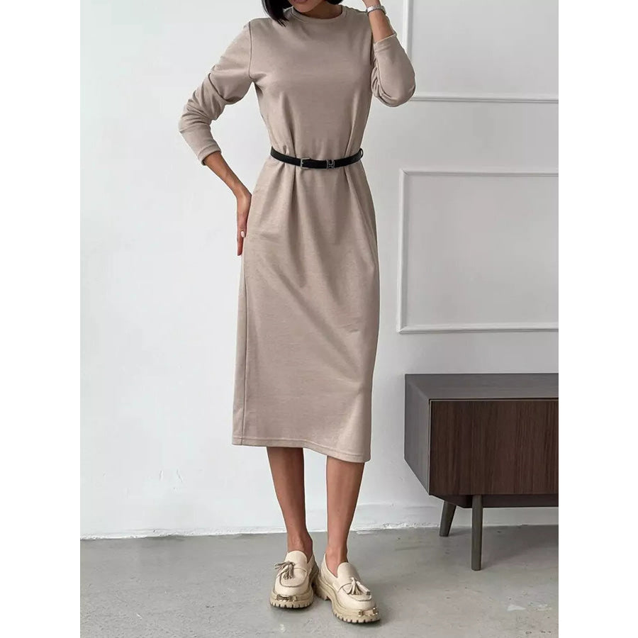Round Neck Long-Sleeve Midi Dress Apparel and Accessories