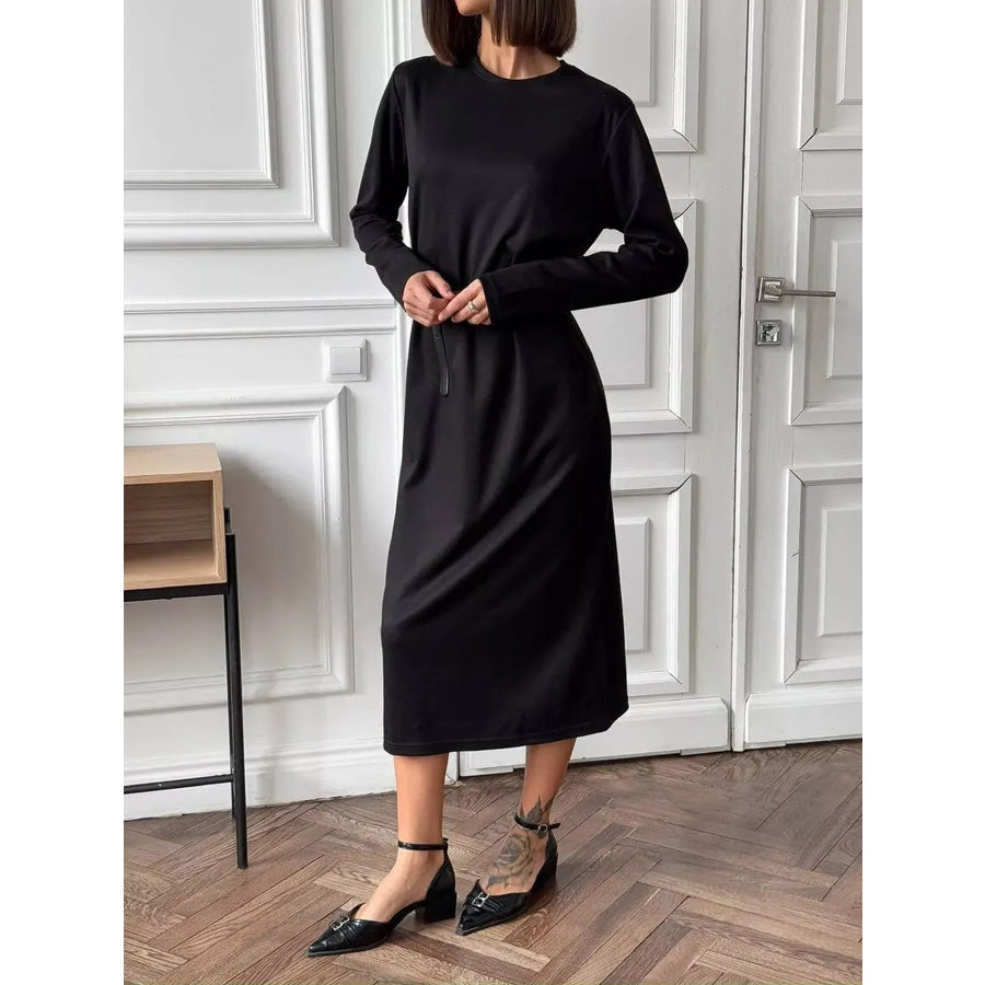 Round Neck Long-Sleeve Midi Dress Apparel and Accessories
