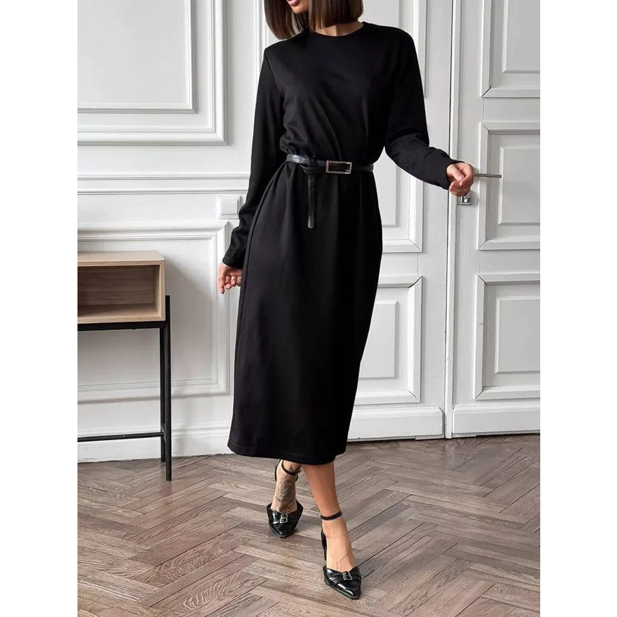 Round Neck Long-Sleeve Midi Dress Apparel and Accessories