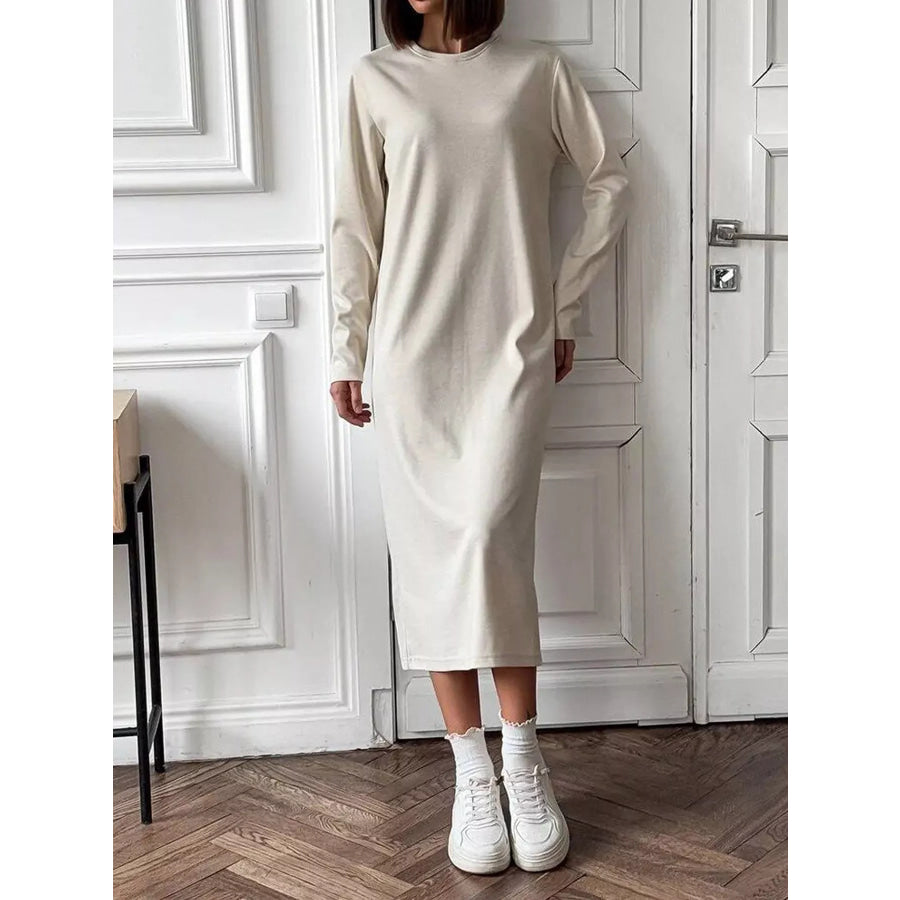 Round Neck Long-Sleeve Midi Dress Apparel and Accessories