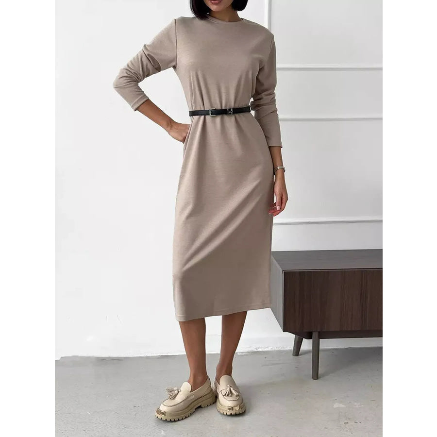 Round Neck Long-Sleeve Midi Dress Apparel and Accessories