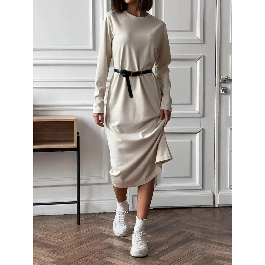 Round Neck Long-Sleeve Midi Dress Apparel and Accessories