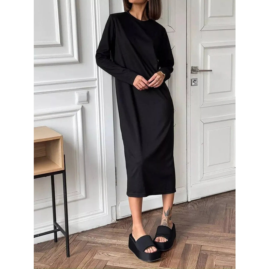 Round Neck Long-Sleeve Midi Dress Apparel and Accessories
