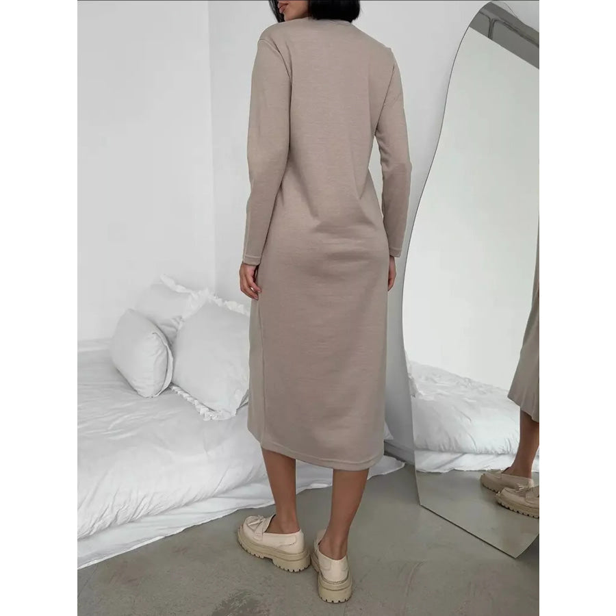 Round Neck Long-Sleeve Midi Dress Apparel and Accessories