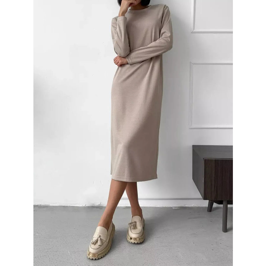Round Neck Long-Sleeve Midi Dress Apparel and Accessories