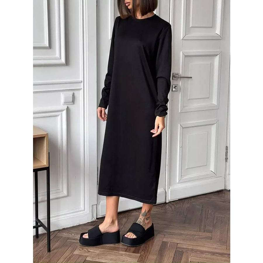 Round Neck Long-Sleeve Midi Dress Apparel and Accessories