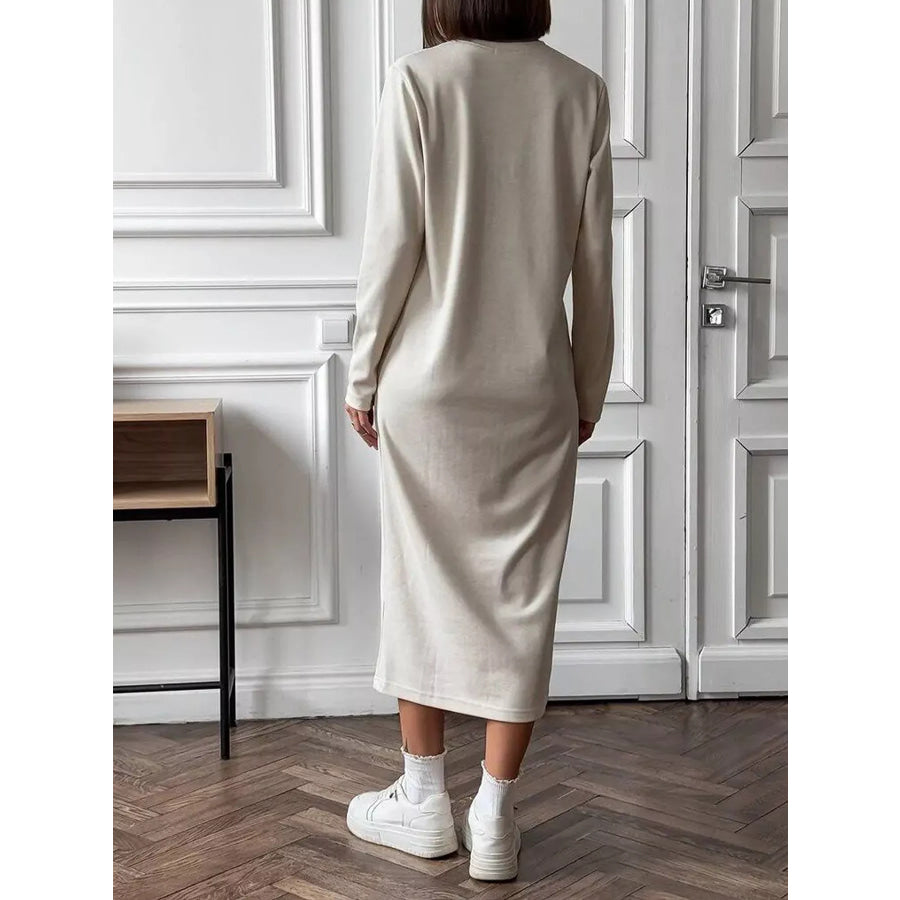 Round Neck Long-Sleeve Midi Dress Apparel and Accessories