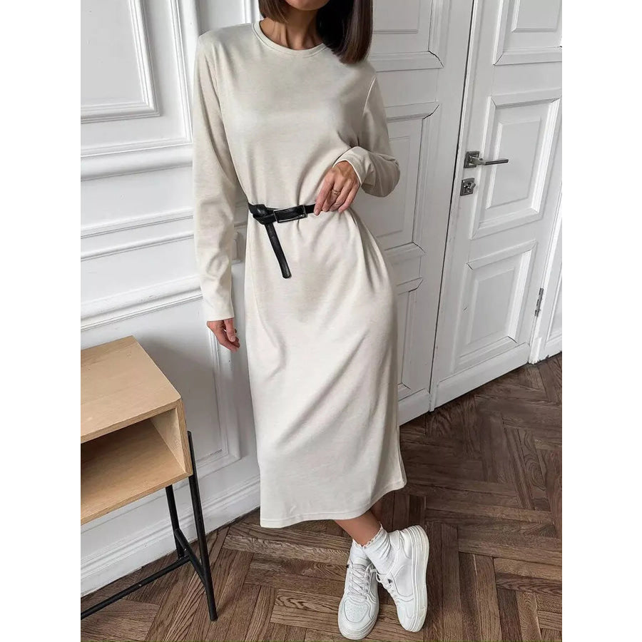 Round Neck Long-Sleeve Midi Dress Beige / S Apparel and Accessories