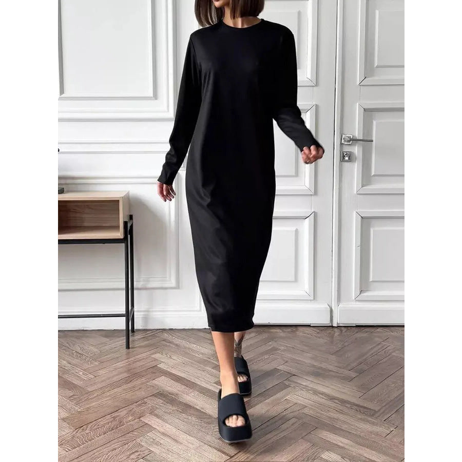 Round Neck Long-Sleeve Midi Dress Black / S Apparel and Accessories