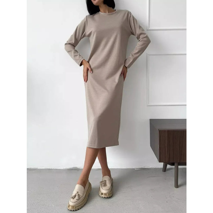 Round Neck Long-Sleeve Midi Dress Dust Storm / S Apparel and Accessories