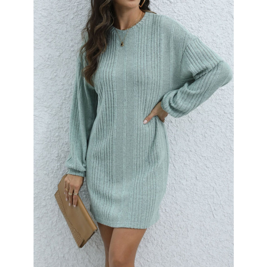 Round Neck Long Sleeve Mini Dress Air Force Blue / S Apparel and Accessories