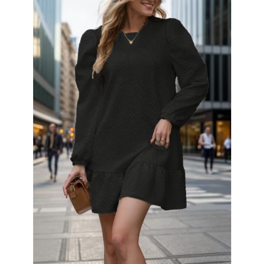 Round Neck Long Sleeve Mini Dress Black / S Apparel and Accessories